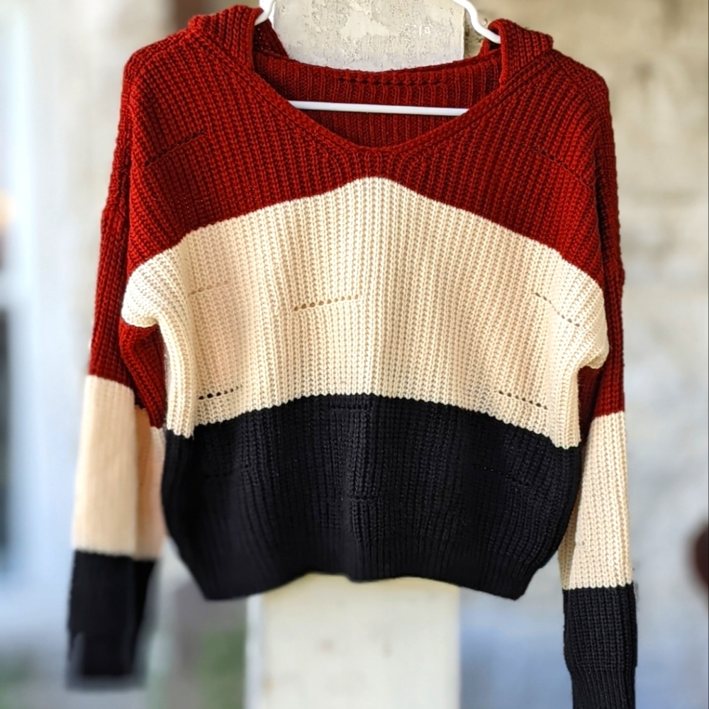 Fall Color Block Hooded CropTop Sweater